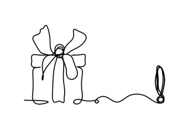 Abstract present box and exclamation mark as continuous line drawing on white background