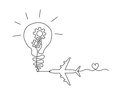 Abstract round metal gears wheels with light bulb and plane as line drawing on white background. Concept of teamwork