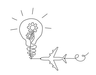 Abstract round metal gears wheels with light bulb and plane as line drawing on white background. Concept of teamwork