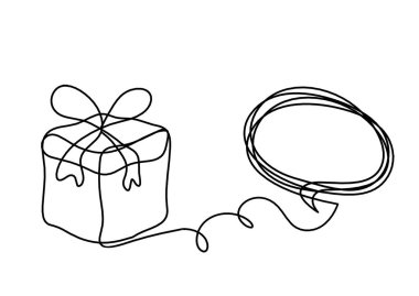Abstract present box and comment as continuous line drawing on white background