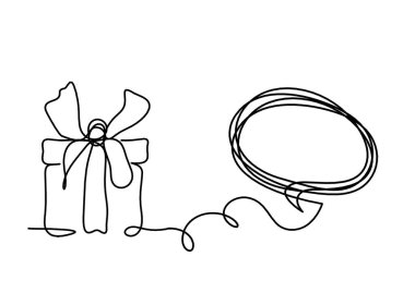 Abstract present box and comment as continuous line drawing on white background
