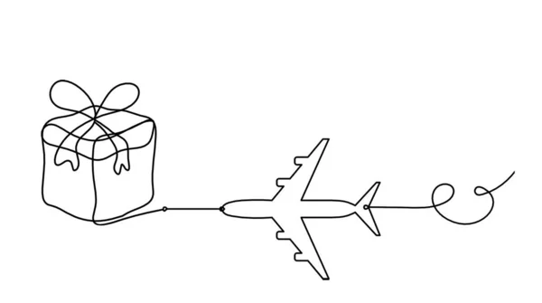 Abstract Present Box Plane Continuous Line Drawing White Background — Stok Vektör