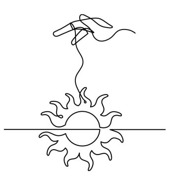 Abstract sun with hand as line drawing on white background