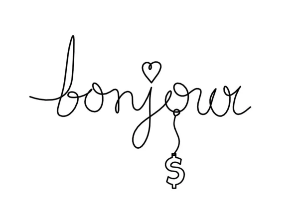 Calligraphic Inscription Word Bonjour Hello Dollar Continuous Line Drawing White — Stockfoto