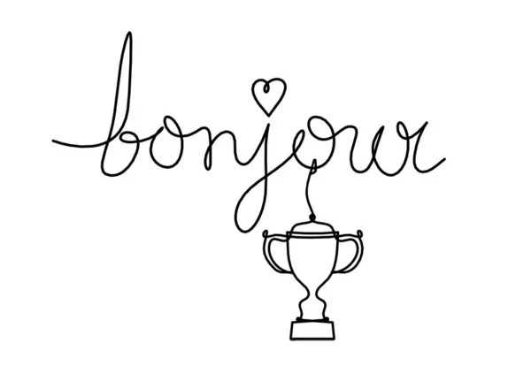 Calligraphic Inscription Word Bonjour Hello Trophy Continuous Line Drawing White — Stockfoto