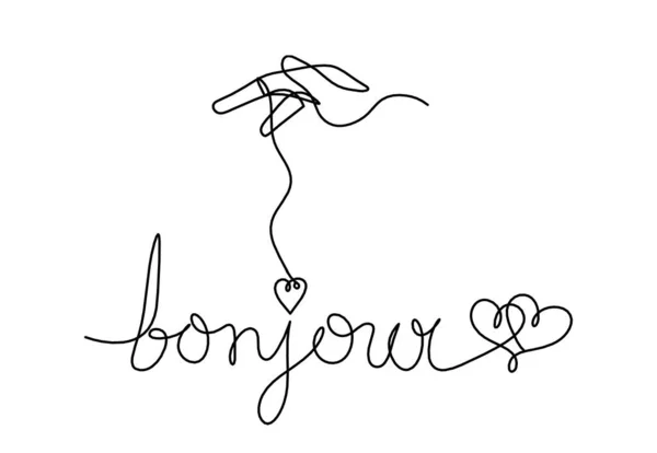 Calligraphic Inscription Word Bonjour Hello Hand Continuous Line Drawing White — Stockfoto