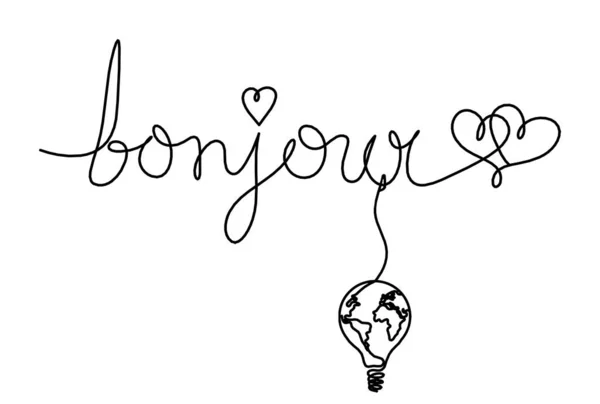 Calligraphic Inscription Word Bonjour Hello Light Bulb Continuous Line Drawing — Stockfoto