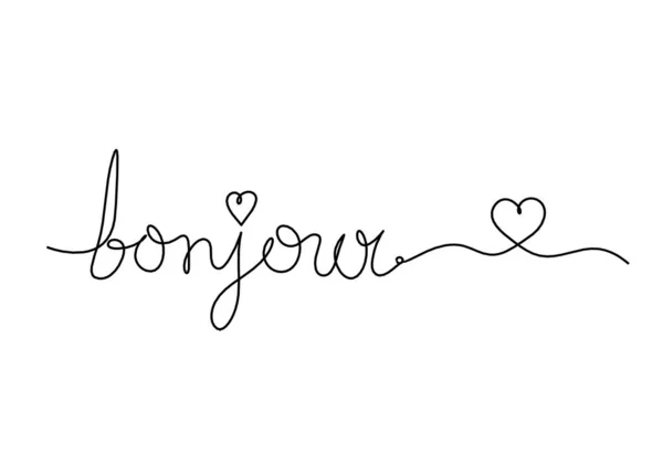 Calligraphic Inscription Word Bonjour Hello Heart Continuous Line Drawing White — Stockfoto