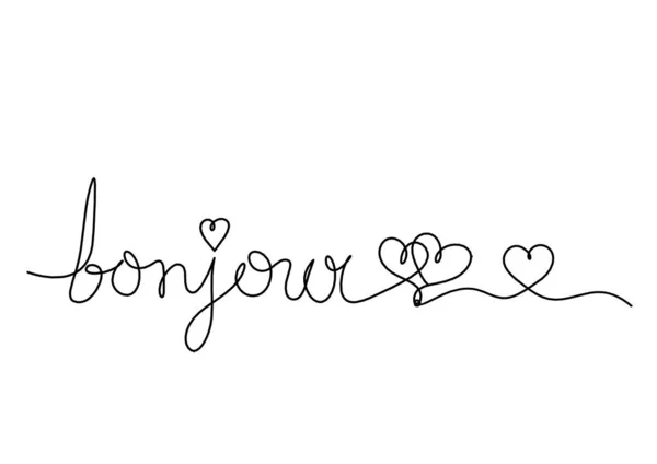 Calligraphic Inscription Word Bonjour Hello Heart Continuous Line Drawing White — Zdjęcie stockowe