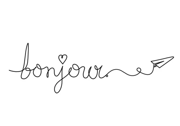 Calligraphic Inscription Word Bonjour Hello Paper Plane Continuous Line Drawing — Stockfoto