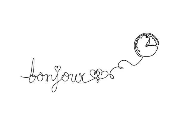 Calligraphic Inscription Word Bonjour Hello Clock Continuous Line Drawing White — Stockfoto