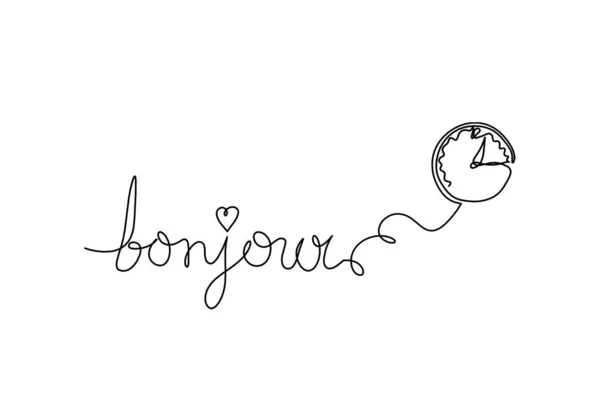 Calligraphic Inscription Word Bonjour Hello Clock Continuous Line Drawing White — Stockfoto