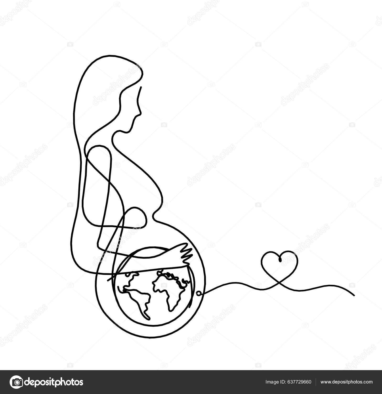 Mother Silhouette Body Heart Line Drawing Picture White Stock ...