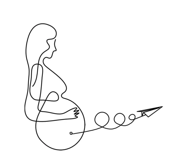 Mother silhouette body with paper plane as line drawing picture on white