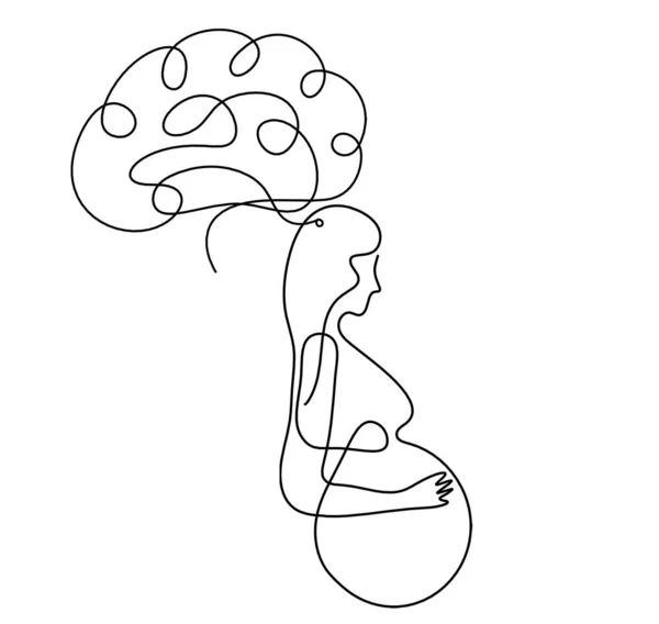 Mother silhouette body with brain as line drawing picture on white