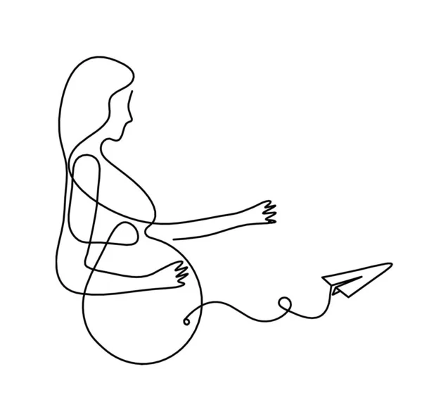Mother silhouette body with paper plane as line drawing picture on white