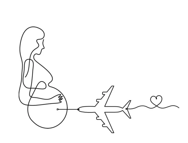 Mother silhouette body with plane as line drawing picture on white