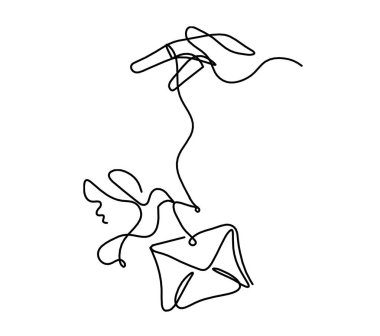 Beyaz arkaplan üzerine çizgi olarak kuş ve el ile soyut kağıt zarf