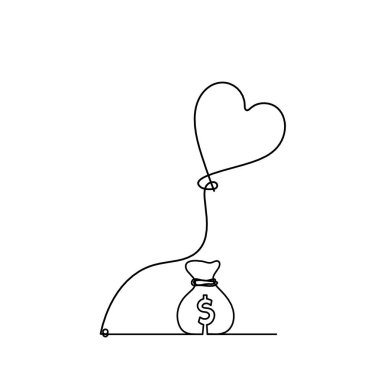 Beyaz arkaplana çizgi çizimi olarak soyut hava balonu ve dolar