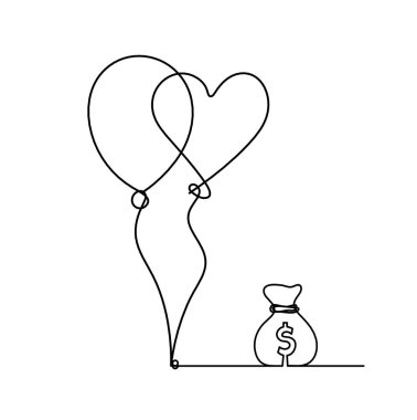Beyaz arkaplana çizgi çizimi olarak soyut hava balonu ve dolar