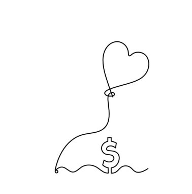 Beyaz arkaplana çizgi çizimi olarak soyut hava balonu ve dolar