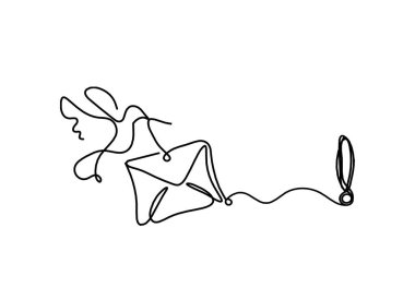 Beyaz arkaplanda çizgi çizimi olarak kuş ve ünlem işaretli soyut kağıt zarf