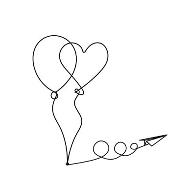 Soyut hava balonu ve kağıt uçak beyaz arkaplan üzerine çizgi çizimi