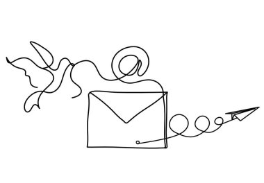 Beyaz arkaplan üzerine çizgi çizimi olarak kuş ve kağıt uçak ile soyut kağıt zarf