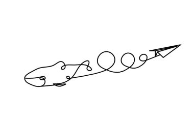 Beyaz arkaplanda çizgi olarak balık ve kağıt uçak silueti