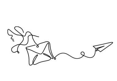 Beyaz arkaplan üzerine çizgi çizimi olarak kuş ve kağıt uçak ile soyut kağıt zarf
