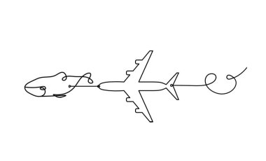 Beyaz arkaplanda çizgi olarak balık ve uçak silueti