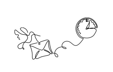 Beyaz arkaplanda çizgi olarak kuş ve saat içeren soyut kağıt zarf