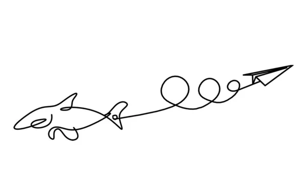 Silhouette Fish Paper Plane Line Drawing White Background — Vector de stock