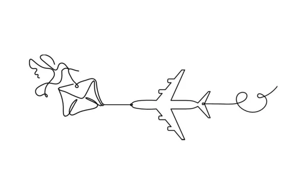 Abstraktes Papierumschlag Mit Vogel Und Flugzeug Als Linienzeichnung Auf Weißem — Stockvektor