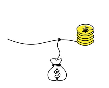 Abstract color coins dollar with dollar as continuous lines drawing on white background