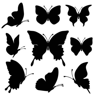 Set of silhouette black butterflies on white background