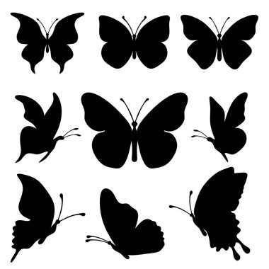 Set of silhouette black butterflies on white background