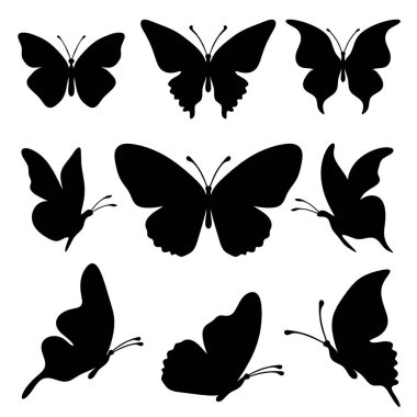 Set of silhouette black butterflies on white background