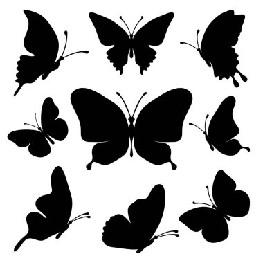 Set of silhouette black butterflies on white background