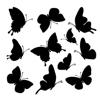 Set of silhouette black butterflies on white background