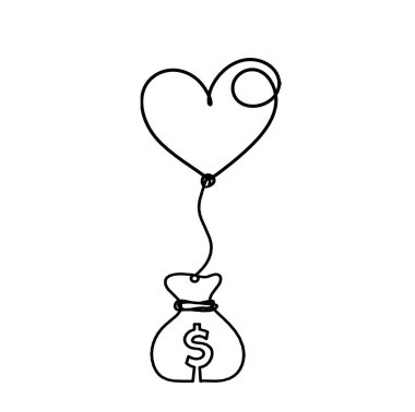 Abstract heart with dollar as continuous line drawing on white background