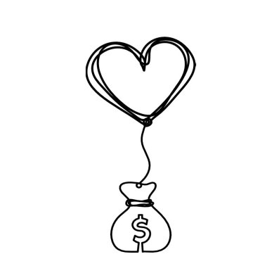 Abstract heart with dollar as continuous line drawing on white background