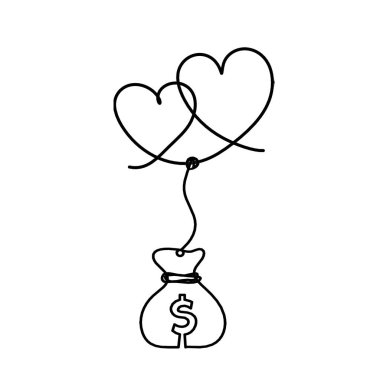 Abstract heart with dollar as continuous line drawing on white background