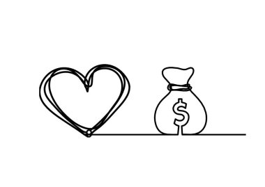Abstract heart with dollar as continuous line drawing on white background