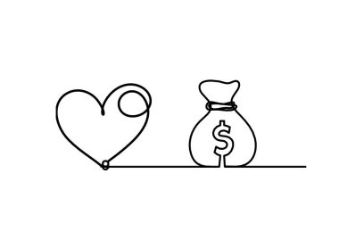 Abstract heart with dollar as continuous line drawing on white background