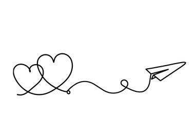 Abstract heart with paper plane as continuous line drawing on white background
