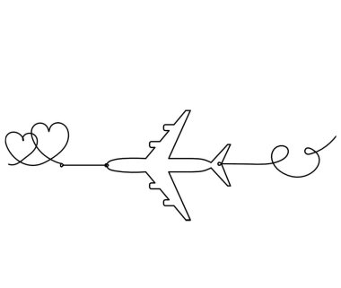 Abstract heart with plane as continuous line drawing on white background