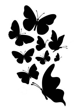 Beyaz arka planda siyah kelebek sürüsü