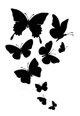 Beyaz arka planda siyah kelebek sürüsü