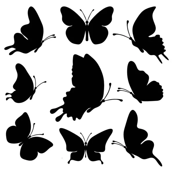 Set Farfalle Nere Silhouette Sfondo Bianco — Vettoriale Stock